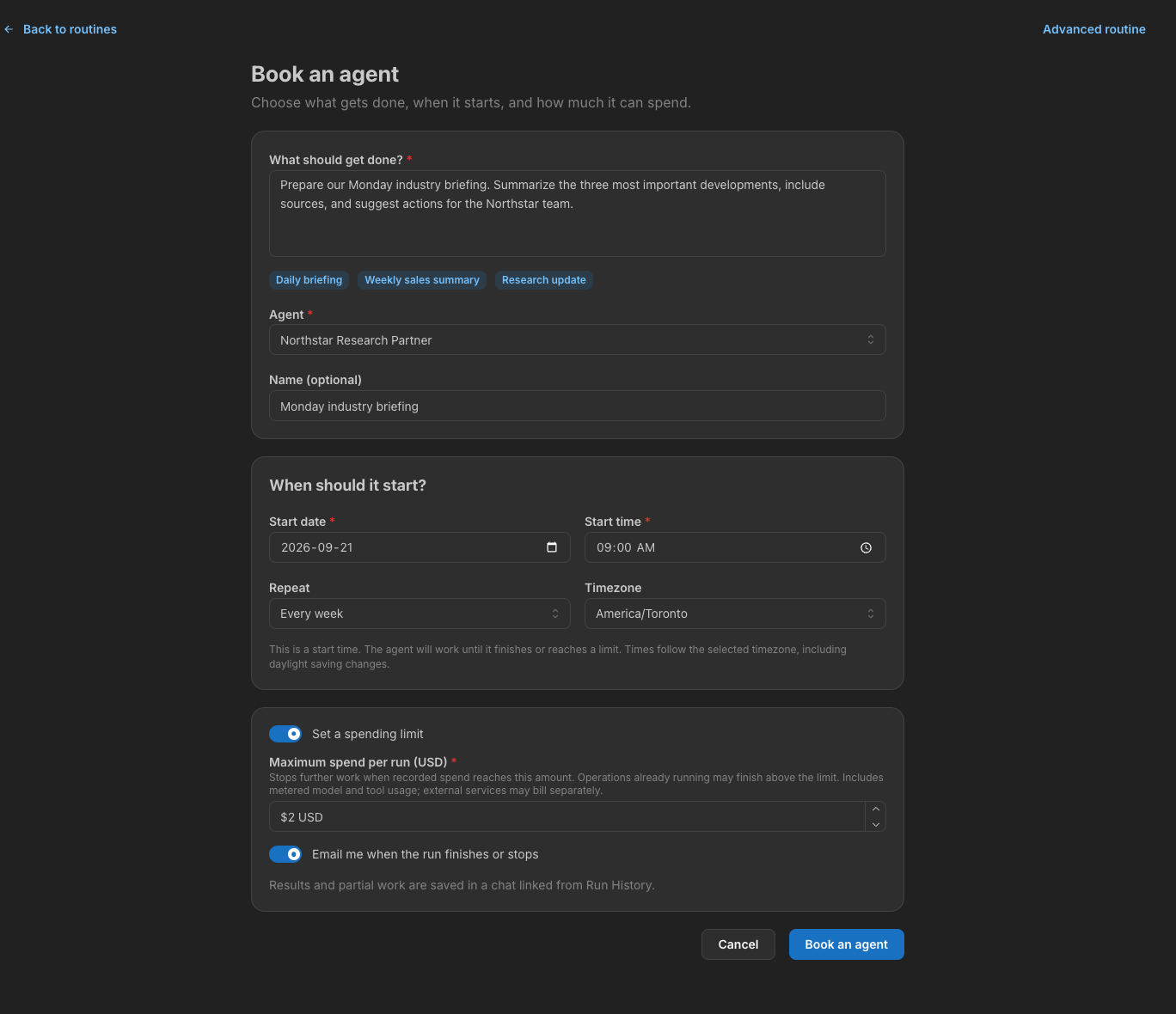 Book an agent form with task, schedule, spending limit, and completion email options