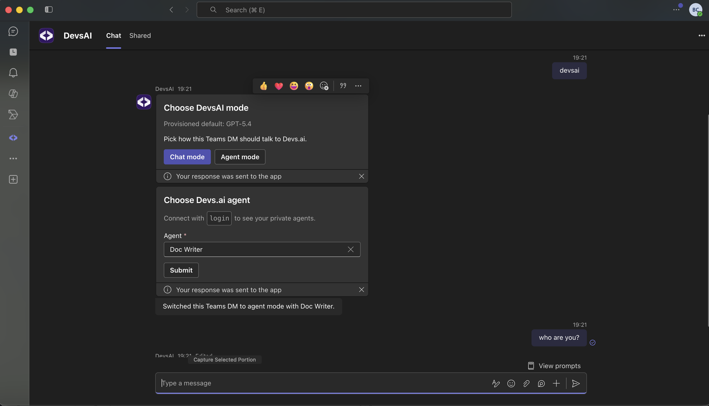 DevsAI direct message flow in Teams