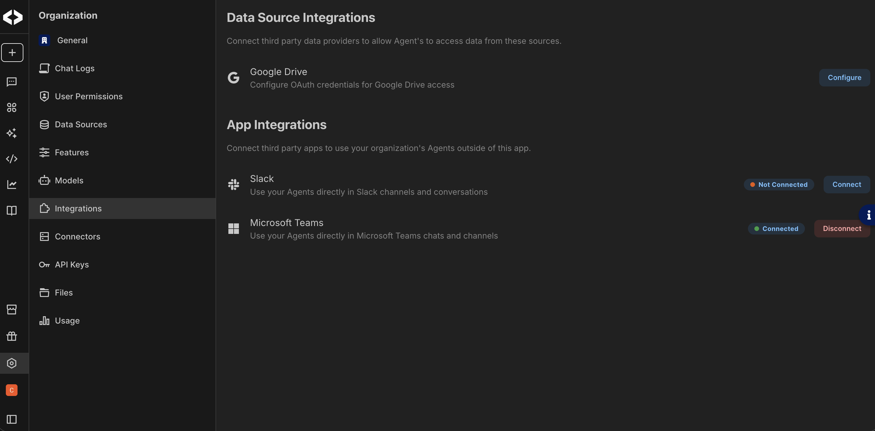 Teams integrations page