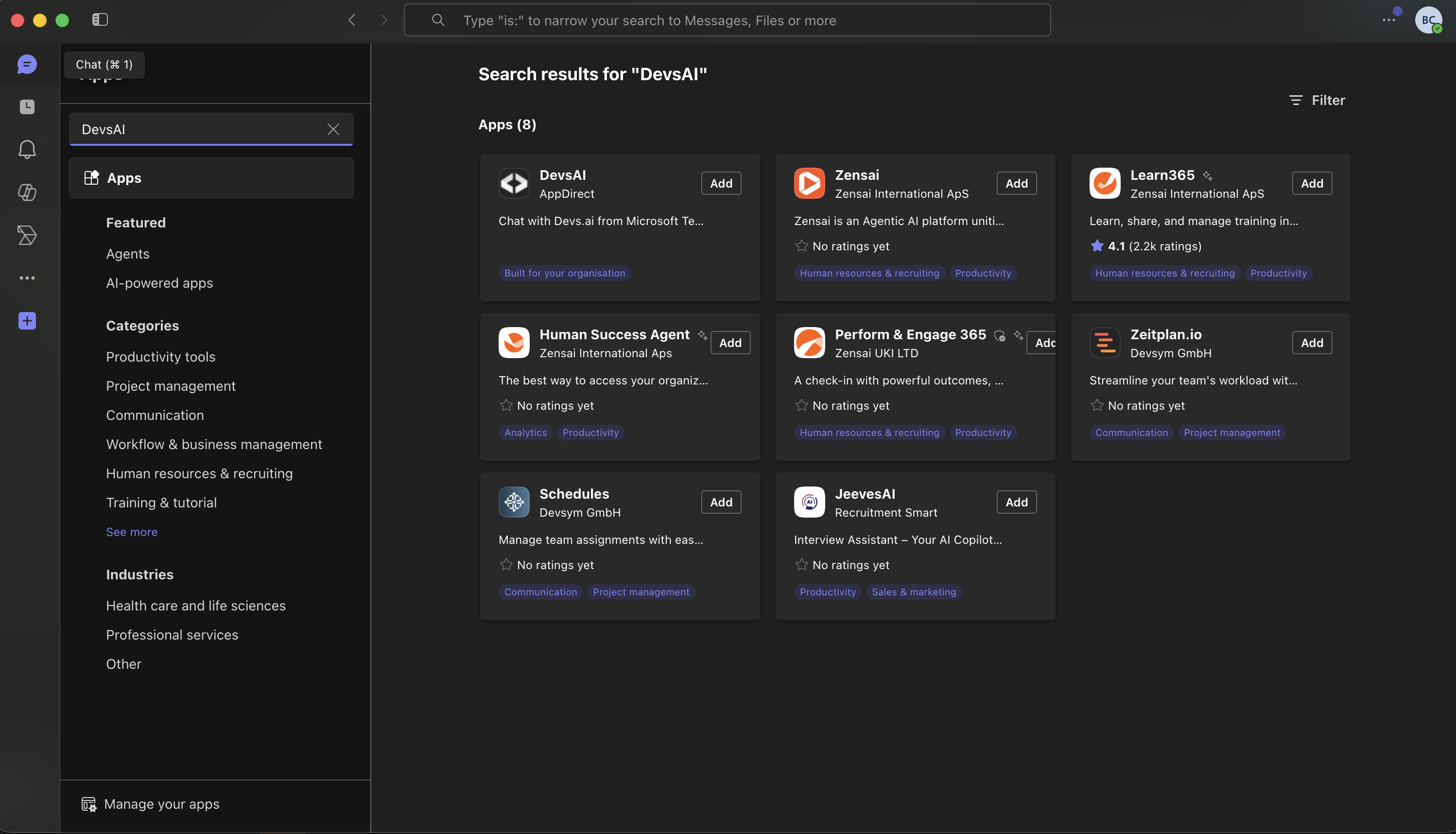 Search for the DevsAI app in Teams